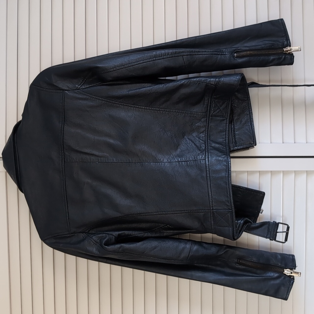 Barney's Blue Leather Biker Jacket - UK 10 (Fits like US 2) - Picture 4 of 5
